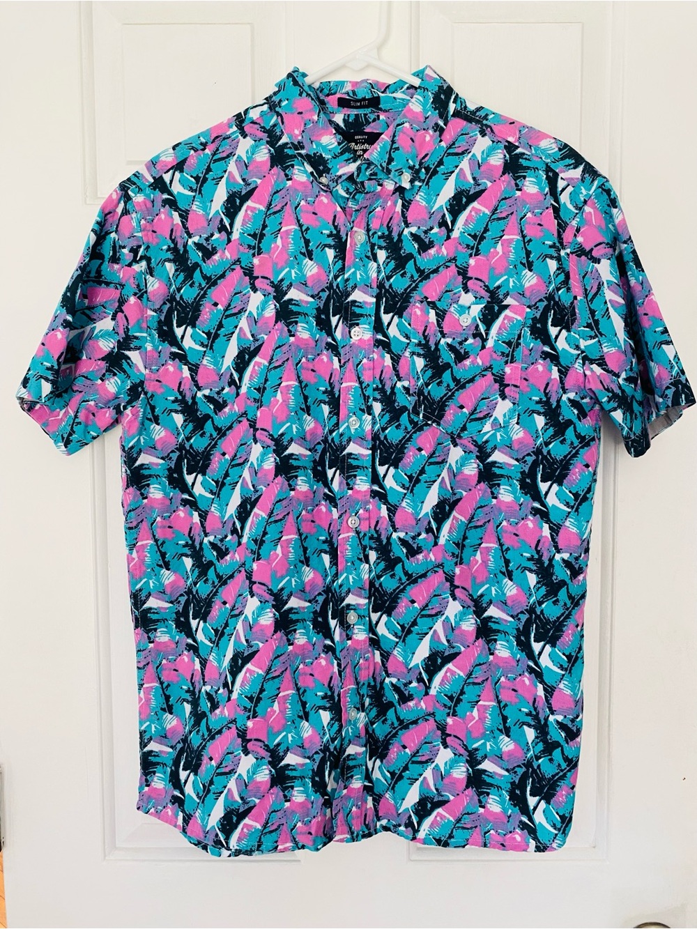 Tropical Short-Sleeve Button-Down Shirt in Teal & Pink